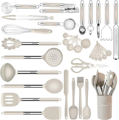 Kitchen Utensils Set-Silicone Cooking Utensils-33pcs Non-Stick Silicone Cooking Kitchen Utensils Spatula Set with Holder-Best Kitchen Cookware with Stainless Steel Handle (Khaki) by BESTZMWK
