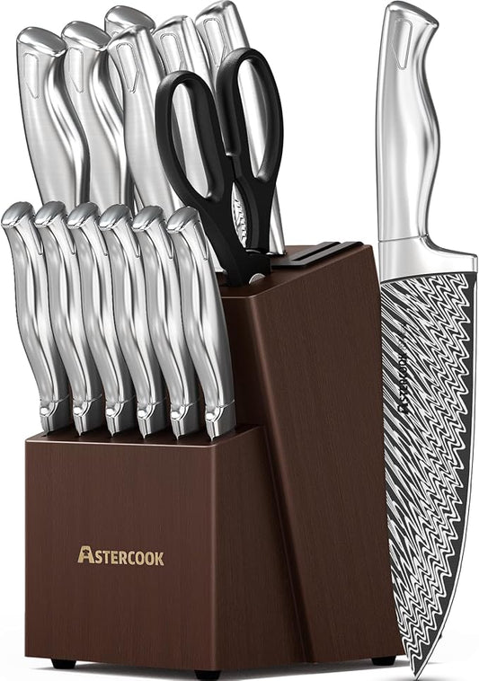 Knife Set, Astercook 15 Pieces Kitchen Knife Set with Built-in Sharpener, German Stainless Steel Knife Block Set, Razor-Sharp Knives with Full-tang Handle, Dishwasher Safe, Mothers Day Gifts by Astercook