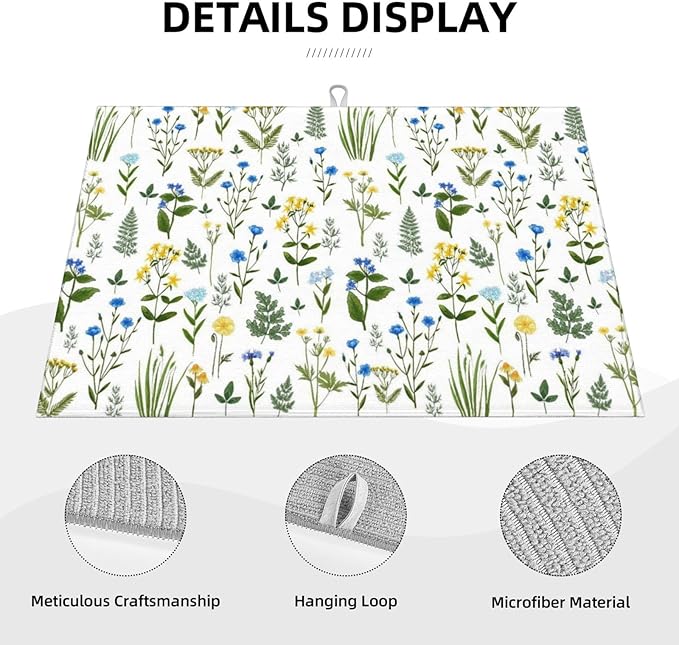 Blue Yellow Wildflower Dish Drying Mats for Kitchen Counter, Vintage Botanic Fern Leaves Floral Kitchen Drainer Pad, 18" x 24" Absorbent Microfiber Washable Reusable Dish Draining Mats, Home Decor