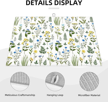 Blue Yellow Wildflower Dish Drying Mats for Kitchen Counter, Vintage Botanic Fern Leaves Floral Kitchen Drainer Pad, 18" x 24" Absorbent Microfiber Washable Reusable Dish Draining Mats, Home Decor