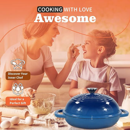 Enameled Cast Iron Bread Oven, 6 Quart Dutch Oven for Bread Sourdough Baking, 11" Thick Enamel Bread Baking Pan Kit with Lid for Stews, Roasts and Gifts for Family, Blue