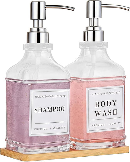 Glass Soap Dispenser with Pump,Tray,Funnel, Countertop Soap and Lotion Dispenser Set of 2 with 60 Stickers, Dish and Hand Soap Dispenser Bottle for Kitchen,Bathroom,Shower, 500ml/16.9oz