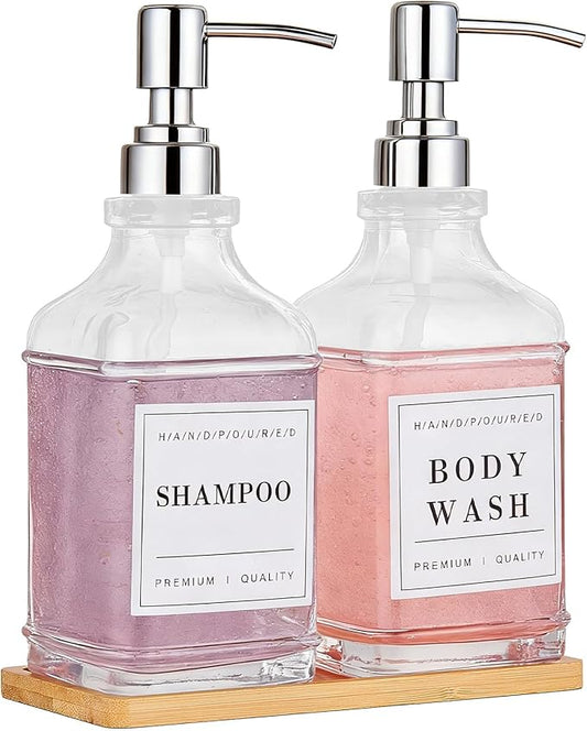 Glass Soap Dispenser with Pump,Tray,Funnel, Countertop Soap and Lotion Dispenser Set of 2 with 60 Stickers, Dish and Hand Soap Dispenser Bottle for Kitchen,Bathroom,Shower, 500ml/16.9oz