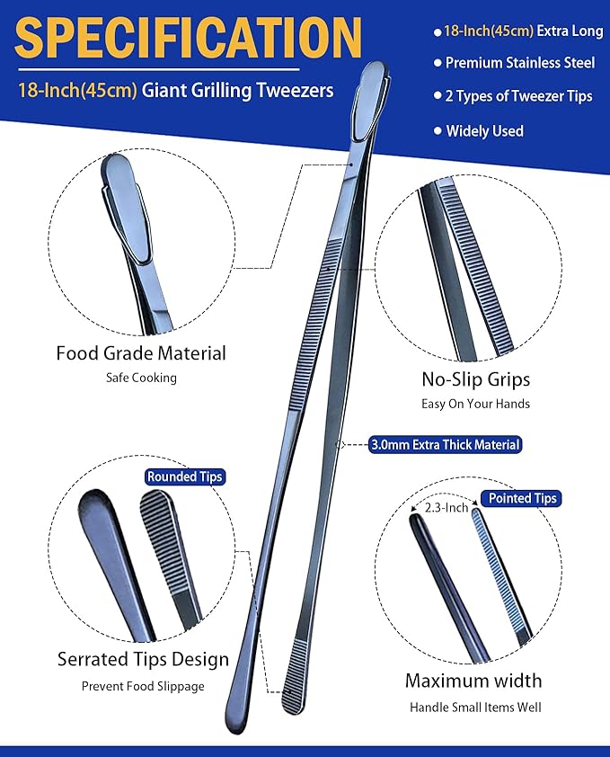 JETKONG 2 Pcs 18 Inch (45cm) Stainless Steel Grill Tongs Heavy Duty Giant Tweezer Tongs, Extra Large Tweezers Tools for Cooking, Grilling, BBQ and Turning Food (Navy Blue) - Image 2
