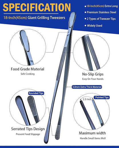 JETKONG 2 Pcs 18 Inch (45cm) Stainless Steel Grill Tongs Heavy Duty Giant Tweezer Tongs, Extra Large Tweezers Tools for Cooking, Grilling, BBQ and Turning Food (Navy Blue) - Image 2