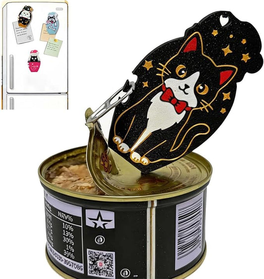Ring Pull Can Opener for Soda Food Cat Cans Easy Open Tool for Weak Hands Arthritis Seniors Long Nails Magnetic Portable with Lanyard Dishwasher Safe Mothers Day Gift Black Kitty