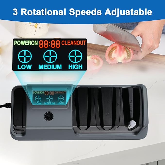 5-in-1 Electric Knife Sharpener for Kitchen Knives, 3-Stage Sharpener with 100% Diamond Abrasive, LCD Screen, Speed Adjustable, Knife Sharpener for All Kitchen Knives Quick Sharpening, Scissors - Image 5