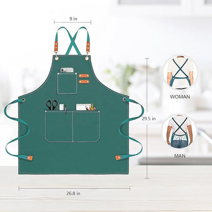 OUNLEN Chef Apron for Men Women Canvas Aprons with 3 Pockets Cross Back Resistant Work Apron for Cooking - Image 2