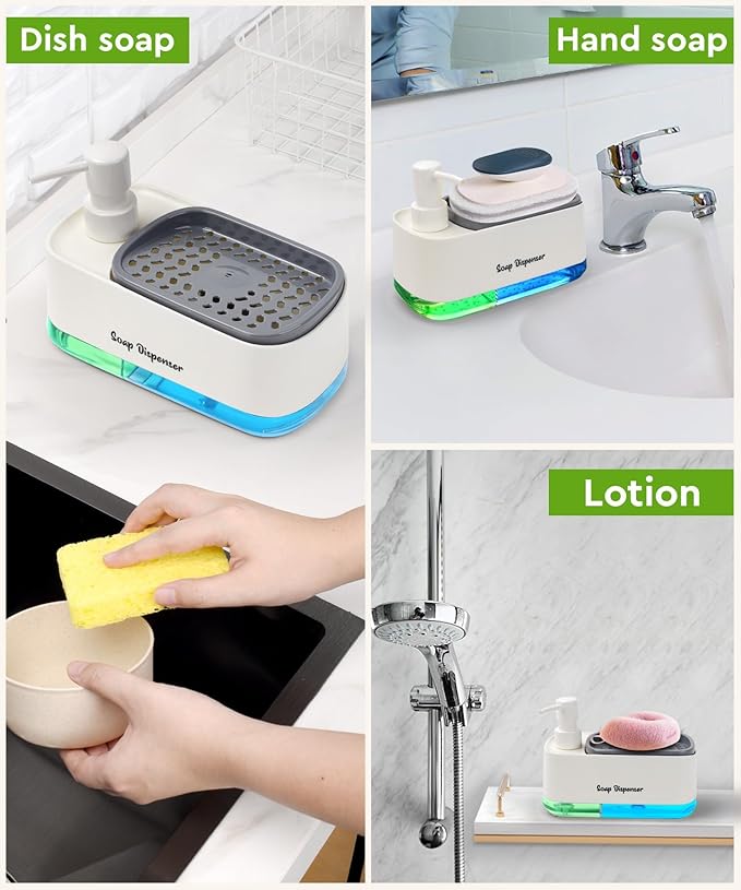 5-in-1 Kitchen Soap Dispenser Set with Sponge Holder - Dual Hand & Dish Soap Pump Dispenser for Sink Countertop with 2-Packs Natural Loofah Dish Sponge Dishwashing Scrubber,White - Image 5