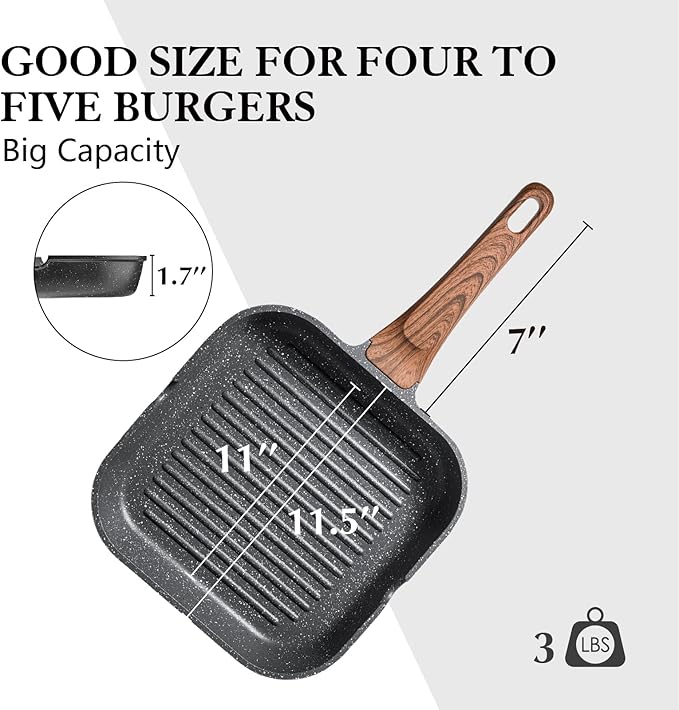 SENSARTE Nonstick Grill Pan for Stove Tops, Versatile Griddle Pan with Pour Spouts, Square Grill Pan for Big Cooking Surface, Durable Grill Skillet for Indoor & Outdoor Grilling. PFOA Free, 11 Inch - Image 7