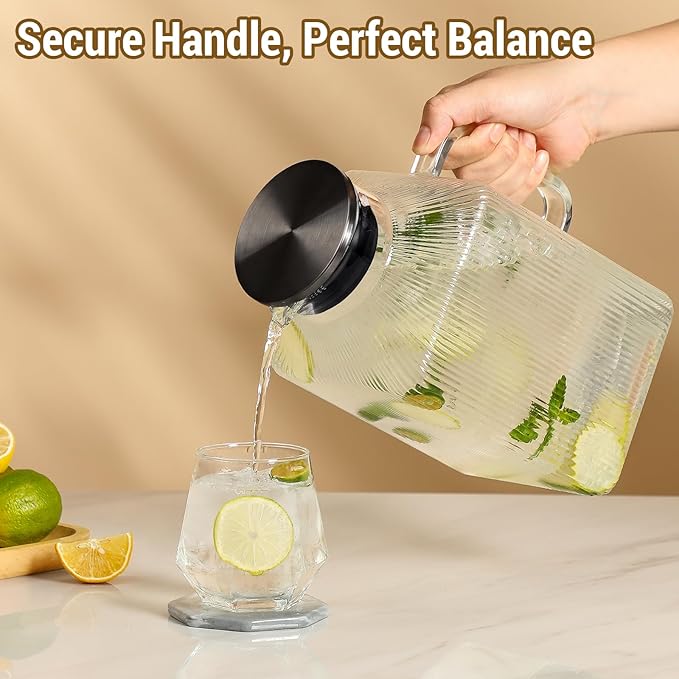 1 Gallon Square Glass Pitcher with Lid, Classic Stripes Water Pitchers for Fridge, Borosilicate Glass Carafe for Hot/Cold Brew Drink, Extra Large Jug with Handle for Iced Tea, Coffee, Juice, Black - Image 6
