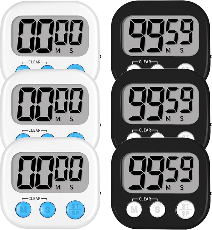 Lasubst Digital Kitchen Timers for Cooking, Magnetic Classroom Timers for Teachers Kids, Back to School Supplies Bulk (6 Pack, Black White) by Lasubst
