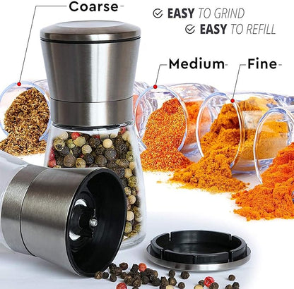 Salt and Pepper Grinder Set of 2, Premium Stainless Steel Spice Mill with Adjustable Coarseness, Ceramic Blades, Refillable Glass Body with 60Z capacity - Image 5