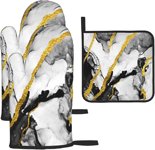 Black White Marble with Gold Stripes Oven Mitts and Pot Holders Set of 3, Non-Slip Heat Resistant Modern Abstract Art Hot Pads Kitchen Gloves for Cooking Grilling Baking, Gifts for Women, Home Decor