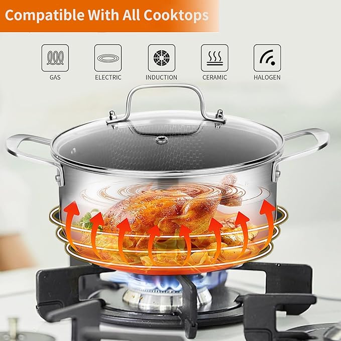 DELARLO Tri-Ply Stainless Steel Stock Pot, 5QT Non Stick Pots, Induction Ready, Cooking Pots with Lids, Stockpot 600℉ Oven Safe, 18/8 Food Grade Cookware, Soup Pot, Energy Saving, Lids 350℉ - Image 3