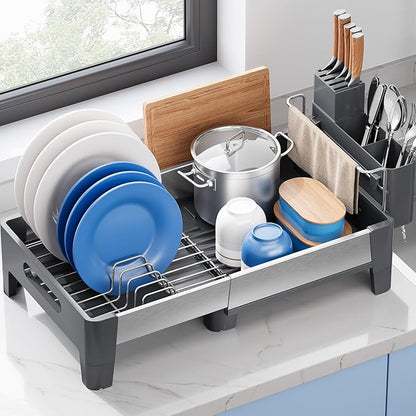 Urackify Expandable Dish Drying Rack, Stainless Steel Dish Rack with Aluminum Frame, Dish Drainer for Kitchen Counter, Space Saving Kitchen Drying Rack with Movable Utensil Holder, Gray by Urackify