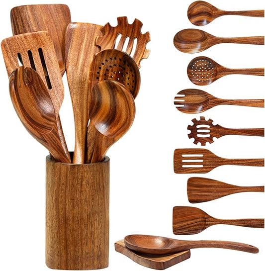 Wooden Spoons for Cooking, Natural Teak Wooden Utensils Set, 10 Piece Handmade Wood Kitchen Utensil Set with Holder and Spoon, Durable Nonstick Kitchen Cookware Tool by Vorisebo