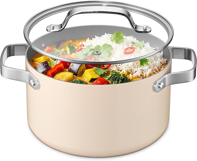 Bakken 5 Quart Ceramic Coated Stock Pot with Lid, Easy to Clean Nonstick Pot, Tempered Glass Lid, Riveted Stainless Steel Handles, Oven Safe Up To 500°F, PTFE & PFAS Free, All Stove Compatible, Cream by BAKK%C3%8BNMASTER