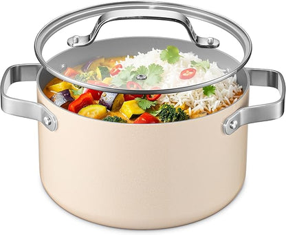 Bakken 5 Quart Ceramic Coated Stock Pot with Lid, Easy to Clean Nonstick Pot, Tempered Glass Lid, Riveted Stainless Steel Handles, Oven Safe Up To 500°F, PTFE & PFAS Free, All Stove Compatible, Cream by BAKK%C3%8BNMASTER