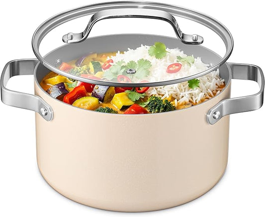 Bakken 5 Quart Ceramic Coated Stock Pot with Lid, Easy to Clean Nonstick Pot, Tempered Glass Lid, Riveted Stainless Steel Handles, Oven Safe Up To 500°F, PTFE & PFAS Free, All Stove Compatible, Cream by BAKK%C3%8BNMASTER