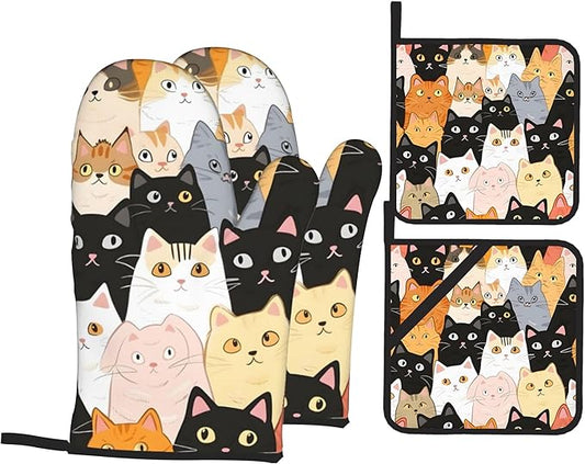 Cute Cats Oven Mitts with Matching Potholders - Heat Resistant Kitchen Accessories for Baking, Grilling, Cooking, Gifts for Women