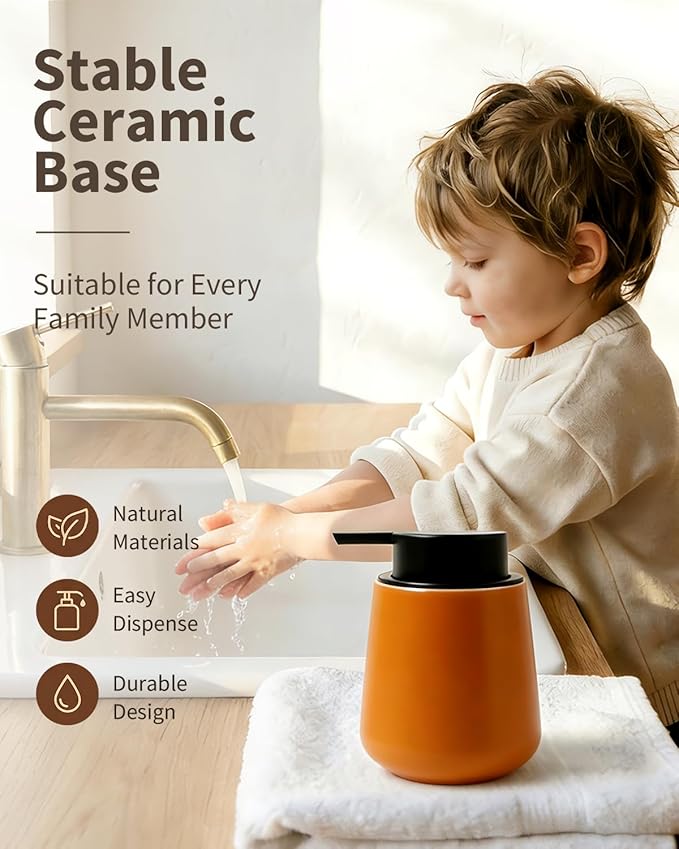 Bosilunlife Ceramic Foaming Soap Dispenser - 12Oz Bathroom Countertop Kitchen Dish Soap Pump Dispenser Foam Soap Dispenser - Orange