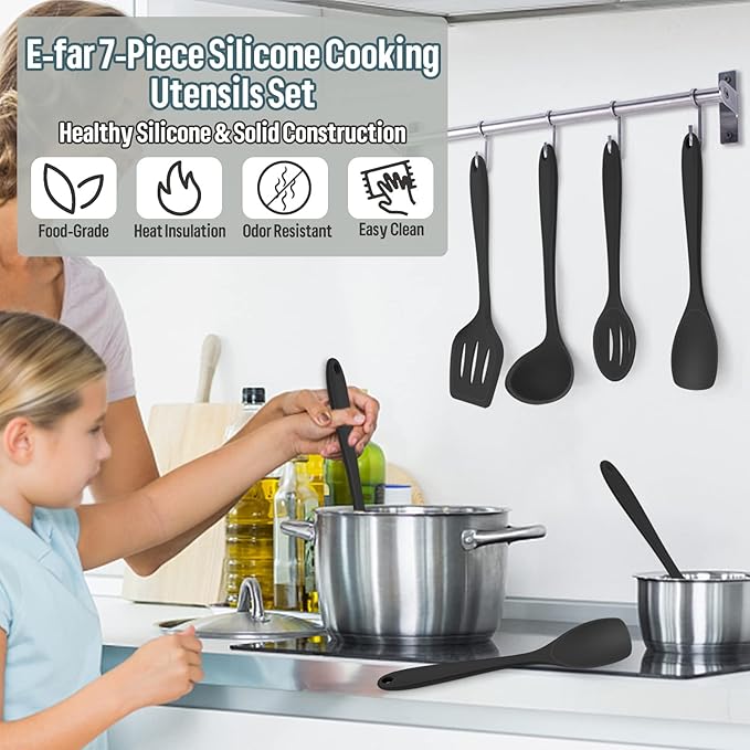 E-far Silicone Cooking Utensils Set, 7-Piece Black Heat Resistant Kitchen Utensils Set, Kitchen Nonstick Tools Spatula Ladle Spoon Pasta Server for Non-stick Cookware, Non-Toxic & Dishwasher safe - Image 7