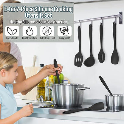 E-far Silicone Cooking Utensils Set, 7-Piece Black Heat Resistant Kitchen Utensils Set, Kitchen Nonstick Tools Spatula Ladle Spoon Pasta Server for Non-stick Cookware, Non-Toxic & Dishwasher safe - Image 7