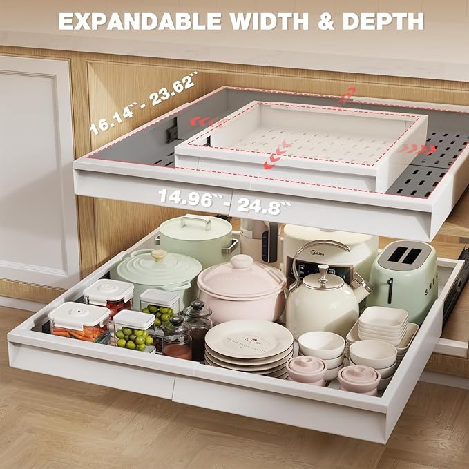 Seinloes 2 Pack Pull Out Cabinet Organizer With Raising Pad for Framed Cabinets,Expandable Width (15"-25") and Depth (17"-24"),3 Slide Rails Slide Out Drawers with Handle,No-Drill Roll Out Shelf,White - Image 4