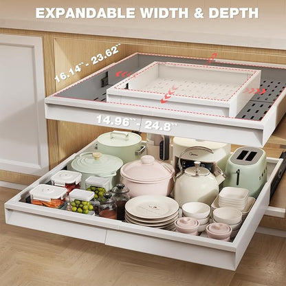 Seinloes 2 Pack Pull Out Cabinet Organizer With Raising Pad for Framed Cabinets,Expandable Width (15"-25") and Depth (17"-24"),3 Slide Rails Slide Out Drawers with Handle,No-Drill Roll Out Shelf,White - Image 4