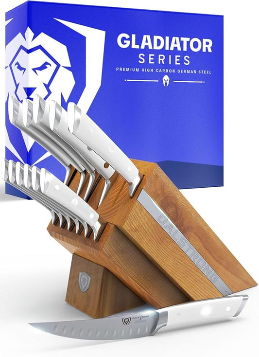 Dalstrong 12-Piece Knife Block Set - Gladiator Series Elite - White Handles - German HC Steel - Hand-Made Manchurian Ash Wood Block - NSF Certified by Dalstrong