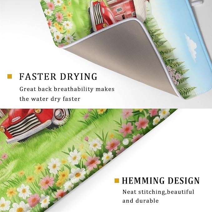 Spring Dish Drying Mat for Kitchen Counter Red Truck Flowers Microfiber Absorbent Dish Draining Reusable Washable Foldable Extra Large 18"x24" - Image 3