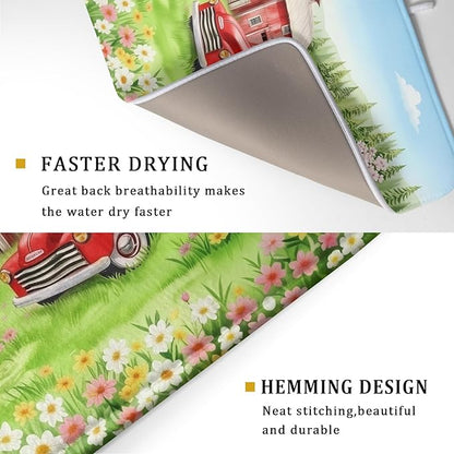 Spring Dish Drying Mat for Kitchen Counter Red Truck Flowers Microfiber Absorbent Dish Draining Reusable Washable Foldable Extra Large 18"x24" - Image 3