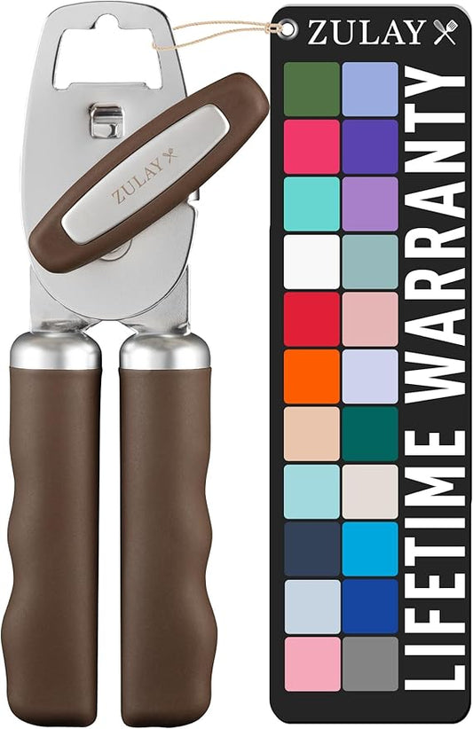 Zulay Kitchen Heavy Duty Stainless Steel Can Opener Manual with Bottle Opener - Rust Proof Manual Can Opener With Turn Knob & Comfy Soft Grip Handles - Brown by ZulayKitchen