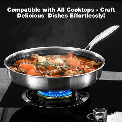 DELARLO 10 inch Tri-Ply Stainless Steel Frying Pan With Lid, Nonstick Omelette Pans, Small Egg Pan Durable Chef's Pan,Induction Kitchen Skillets, Compatible with All Cooktops, Up to 600℉