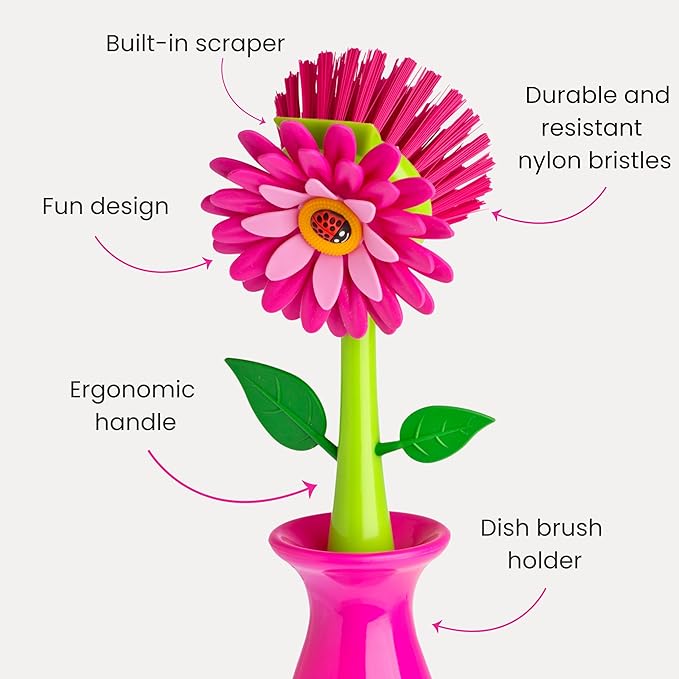 Vigar Flower Power Dish Brush with Handle and Vase Dish Brush Holder, Kitchen Scrub Brush for Pot Scrubber, Dishes, and Sink Cleaning, Pink, Green - Image 4