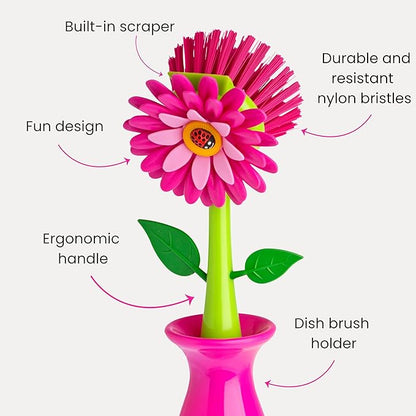 Vigar Flower Power Dish Brush with Handle and Vase Dish Brush Holder, Kitchen Scrub Brush for Pot Scrubber, Dishes, and Sink Cleaning, Pink, Green - Image 4