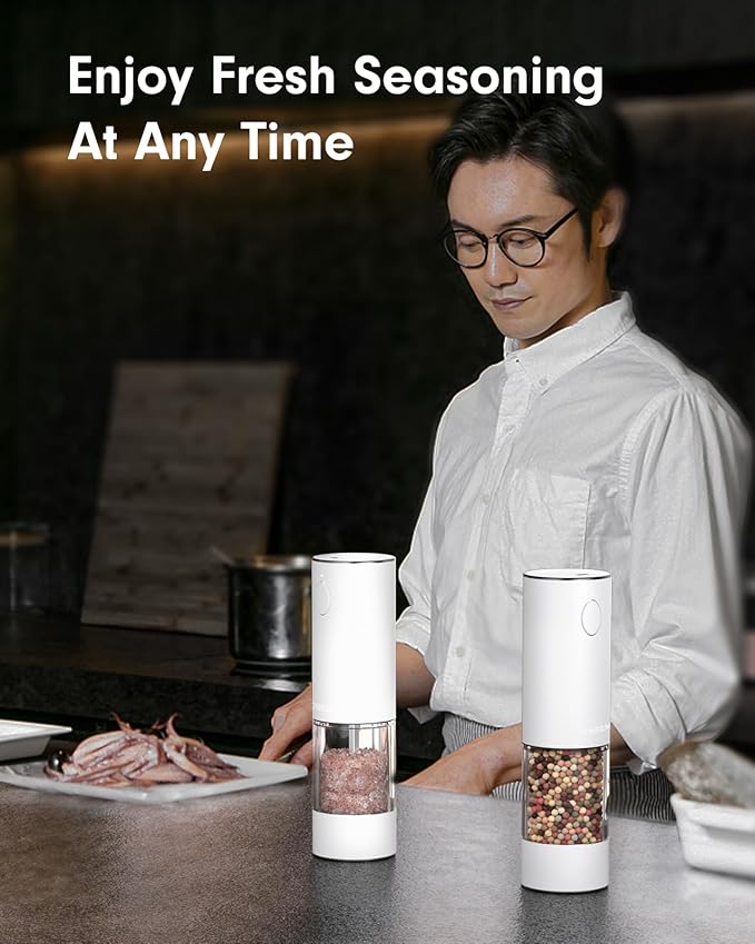 TOMEEM Upgraded Larger Capacity Electric Salt and Pepper Grinder Set Rechargeable with LED lights, Stainless Steel Automatic Pepper and Salt Grinder Refillable with 5 Adjustable Coarseness White - Image 8