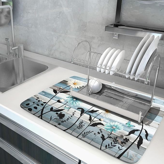 Blue White Daisy Floral Dish Drying Mat for Kitchen Counter,Sprinng Rustic Wood Drying Mat 18 x 24 Inch with Absorbent Reversible Microfiber Drying Pad for Coffee Bar - Image 5