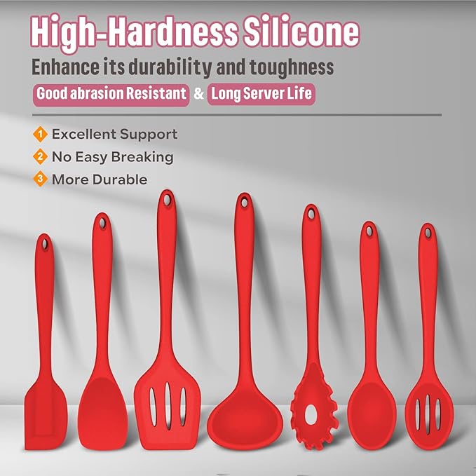 Silicone Cooking Utensils Set, E-far 7-Piece Red Heat Resistant Kitchen Utensils Set, Kitchen Nonstick Tools Spatula Ladle Spoon Pasta Server for Non-stick Cookware, Non-Toxic & Dishwasher safe - Image 2