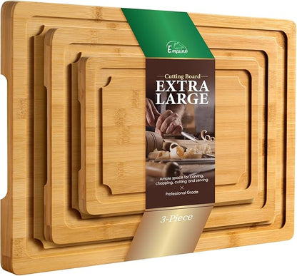 Extra Large Cutting Board Set of 3, Bamboo Cutting Boards for Kitchen with Juice Groove and Handles Kitchen Chopping Board for Meat Cheese board Heavy Duty Serving Tray, Empune by Empune