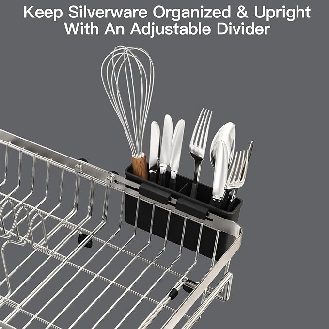 MAJALiS Dish Drying Rack Over The Sink, Expandable Stainless Steel Dish Drainer for Small Kitchen Counter Space Saving, RV Compact Plate Strainer In Silver Metal with Hanging Adjustable Utensil Holder - Image 9