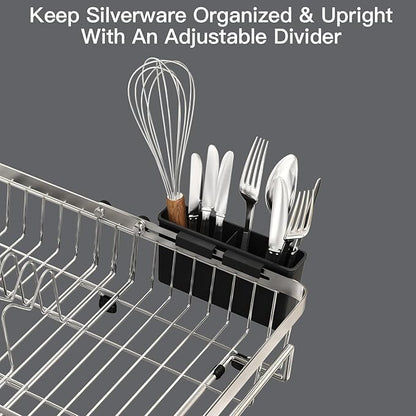 MAJALiS Dish Drying Rack Over The Sink, Expandable Stainless Steel Dish Drainer for Small Kitchen Counter Space Saving, RV Compact Plate Strainer In Silver Metal with Hanging Adjustable Utensil Holder - Image 9