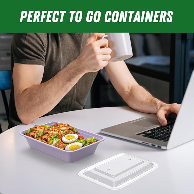 50 Pack (100-Piece) 32 oz Meal Prep Containers Reusable with Easy Open Lids, Sturdy Leakproof Food Safe, Microwave Freezer Dishwasher Safe, To Go Take Out Plastic Food Storage Pans with Lids, Lilac - Image 7