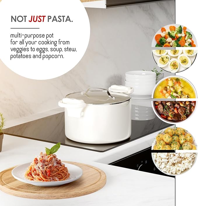 EATEX Pasta Pot with Strainer Lid - 5 Quart Multipurpose Stock Simmer Spaghetti with Strainer - Twist & Lock Handles, Nonstick Ceramic Stainless Steel Tempered Glass Cream