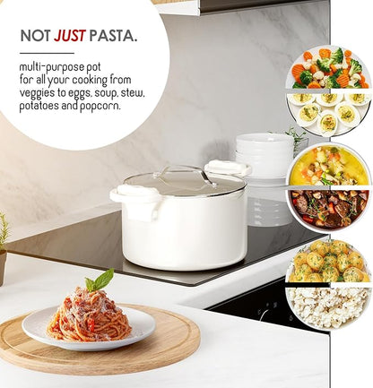 Eatex Pasta Pot with Strainer Lid - 5 Quart Multipurpose Stock Simmer Spaghetti with Strainer - Twist & Lock Handles, Nonstick Ceramic Stainless Steel Tempered Glass Cream - Image 5