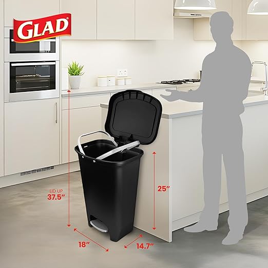 Glad 13 Gallon Trash Can, 2 Pack | Plastic Kitchen Waste Bin with Odor Protection of Lid | Hands Free with Step On Foot Pedal and Garbage Bag Rings, Black, 2 Count