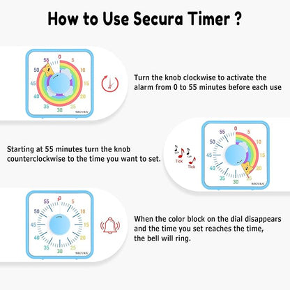 Secura 60-Minute Visual Timer, 7.5 Inch Magnetic Rainbow Countdown Timer for Classroom or Kitchen, Durable Mechanical Timer Clock with Magnetic Backing (Blue & Star)