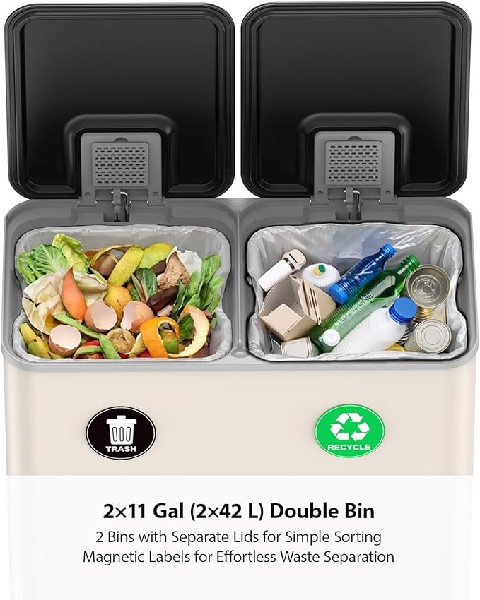 Lovewind Dual Trash and Recycling Bins for Kitchen, 2 * 11-Gallon Stainless Steel Double Trash Can, Step-On Garbage and Recycle Combo, Quiet Close, Pet-Proof, Compatible with 13-Gallon Bags, Apricot - Image 3