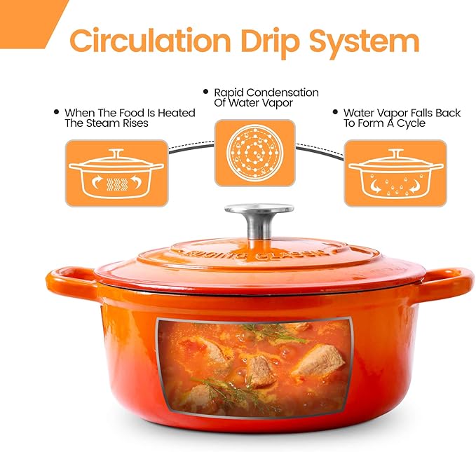 EDGING CASTING Enameled Cast Iron Dutch Oven, 5.5 Quart, Round Cast Dutch Ovens Pot with Lid Dual Handle for Bread Baking, Oven Safe up to 500°F, Orange - Image 2
